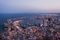 High angle shot of the city in lights and the Port of Alicante, Spain