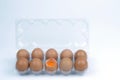 Top view of cracked fresh egg and whole eggs with bright yolk in plastic tray for eggs. Royalty Free Stock Photo