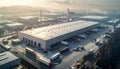 Aerial View of a Large Distribution Warehouse and Trucks Royalty Free Stock Photo