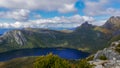 A high angle shot of dove lake and cradle mountain from marion`s lookout