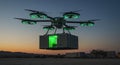 High angle shot of a drone in flight carrying a cargo container against a sunset sky for delivery purposes Royalty Free Stock Photo