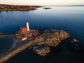 High angle shot of a Fisgard Lighthouse and Fort Rodd Hill in Colwood, Canada