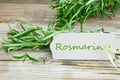 High angle shot of fresh Rosemary leaves and a piece of paper saying `Rosmarin`