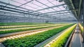 A high-angle shot of a greenhouse with a hydroponic system. The photo captures the vibrant greenery of various crops, including le Royalty Free Stock Photo