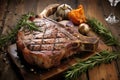 high-angle shot of a grilled porterhouse steak on a rustic table