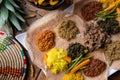 High angle shot of the ingredients of traditional Ethiopian food on loaves of bread