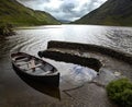 High angle shot of an isolated rowling boat parked in the Doo Lough, County Mayo in Ireland