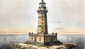 A high angle shot of a lighthouse situated on a rocky outcrop surrounded by a body of water