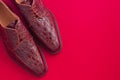 High angle shot of luxurious brown man shoes on an isolated red background