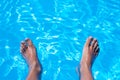 High angle shot of male feet in the bright blue water of a swimming pool Royalty Free Stock Photo