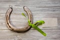 High angle shot of a metal horseshoe decorated with a green ribbon on a wooden surface