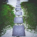 High angle shot of a mossy path in a temple in Japan Royalty Free Stock Photo