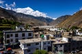 High angle shot of Nilgiri Mountain and Kagbeni village along Jomsom Trail, Nepal