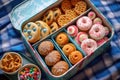 a high angle shot of an open lunchbox packed with assorted mini doughnuts