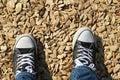 High angle shot of a person's feet standing on the ground covered with chops of wood Royalty Free Stock Photo