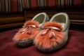 high angle shot of a plush pair of slippers on an office chair