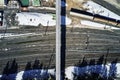 High angle shot of a railway with shadows of trees below