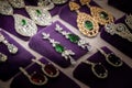 High angle shot of rhinestone emerald green long drop stud earrings Royalty Free Stock Photo
