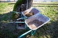 High angle shot of rusty old wheelbarrows with horse manure Royalty Free Stock Photo