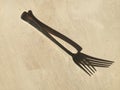 High angle shot of the shadow cast by a fork over a wooden surface Royalty Free Stock Photo