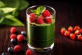 high angle shot of a spinach and berry concoction in a glass