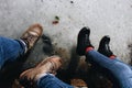 High angle shot of two peoples feet on ice surface Royalty Free Stock Photo