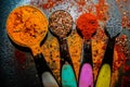 High angle shot of various colorful seasoning spicy powders Royalty Free Stock Photo
