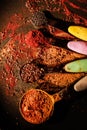 High angle shot of various colorful seasoning spicy powders Royalty Free Stock Photo