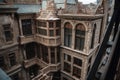 high-angle shot of vintage building with intricate stone details, windows, and other architectural elements visible Royalty Free Stock Photo