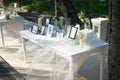High angle shot of a white table for wedding photo frames decorated with candles and flowers Royalty Free Stock Photo
