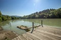 High angle shot of a wooden pier near the Drava river in Slovenia Royalty Free Stock Photo