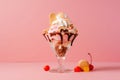 Sundae Made with Scoops of Vanilla and strawberry Ice Cream in Glass Dish on Table. Generative AI.