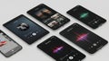 An ai-generated image displays a collection of modern smartphones and a tablet, all showcasing different screens of a sleek music Royalty Free Stock Photo