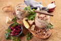 Various ingredients served on table near jars of vegetarian pate