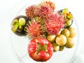 High angle. Thai fruits, rose apple, rambutan, mangosteen, Lansium demesticum.