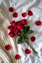 Romantic Bouquet of Red Roses on White Bedding with Knit Blanket AI-GENERATED Royalty Free Stock Photo