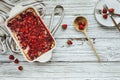 High angle top view of sweet homemade strawberry cobbler or Sonker Royalty Free Stock Photo