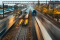 High-angle of trains passing by in Bucharest railway with a long exposure effect