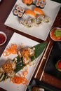 High-angle vertical shot of a variety of Japanese food dishes Royalty Free Stock Photo