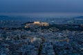 High angle view of Acropolis and Athens city in Greece at night from the Lycabettus Hill Royalty Free Stock Photo