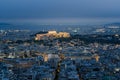 High angle view of Acropolis and Athens city in Greece at night from the Lycabettus Hill Royalty Free Stock Photo