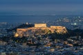 High angle view of Acropolis and Athens city in Greece at night from the Lycabettus Hill Royalty Free Stock Photo