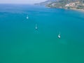 High angle view aerial view. Scene of Beach sea and city at coat in sunny summer day mountain and sky with cloud background Royalty Free Stock Photo