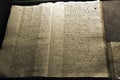 High angle view of an ancient book with handwritten notes on the table under the lights