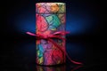 high angle view of an artistically wrapped cylindrical gift box