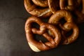 High angle view baked soft pretzels