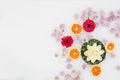 high angle view bath milk decorated with grapefruit slices various flowers. High quality photo