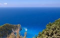 High angle view of blue sea and rocks, at Navagio Beach. Royalty Free Stock Photo