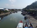 High angle view of boats moored in Batang Arau river against sky