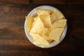 High angle view bowl of nacho chips